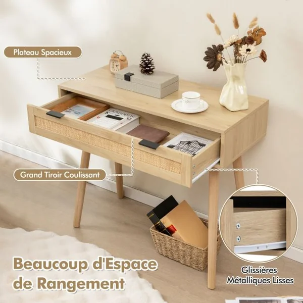 Table Console en Rotin avec Tiroir Coulissant table d’Entrée de Style Bohème Table d’Appoint de Canapé en Bois Table de Coiffeuse Naturel