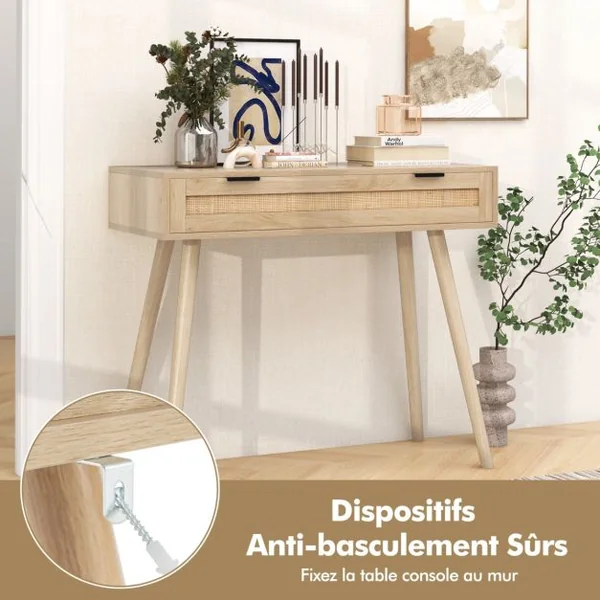 Table Console en Rotin avec Tiroir Coulissant table d’Entrée de Style Bohème Table d’Appoint de Canapé en Bois Table de Coiffeuse Naturel