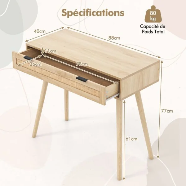 Table Console en Rotin avec Tiroir Coulissant table d’Entrée de Style Bohème Table d’Appoint de Canapé en Bois Table de Coiffeuse Naturel