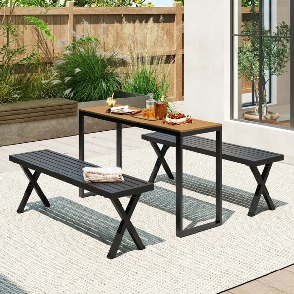 Table Console Rectangulaire d’Extérieur Table d’Appoint de Patio Plateau en WPC Durable et Cadre en Métal Marron et Noir