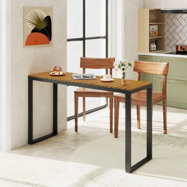 Table Console Rectangulaire d’Extérieur Table d’Appoint de Patio Plateau en WPC Durable et Cadre en Métal Marron et Noir