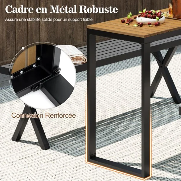 Table Console Rectangulaire d’Extérieur Table d’Appoint de Patio Plateau en WPC Durable et Cadre en Métal Marron et Noir