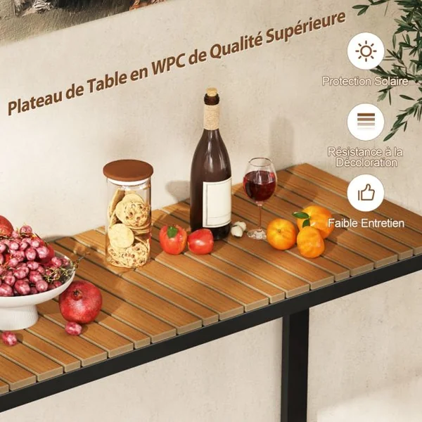 Table Console Rectangulaire d’Extérieur Table d’Appoint de Patio Plateau en WPC Durable et Cadre en Métal Marron et Noir