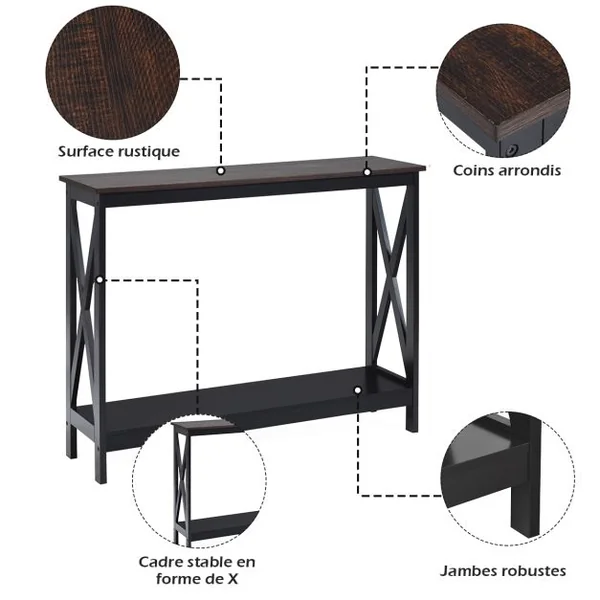 Table Console Table de Canapé Style Industriel 100 x 30 x 80 CM avec 1 Étagère de Rangement pour Salon Entrée Naturel/Café/Noir/Blanc