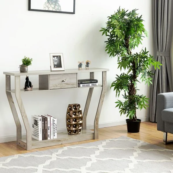 Table Console Vintage avec 1 Tiroir 3 Compartiments pour L'entrée Salon Couloir en MDF 120x30x81cm Noir/Brun/Gris