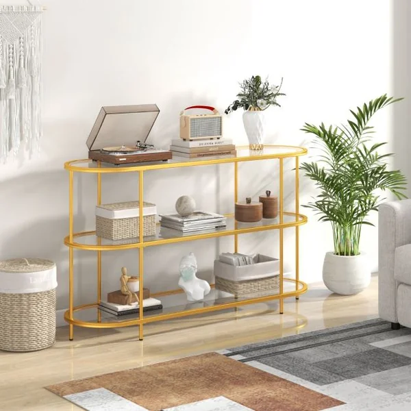 Table Console à 3 Niveaux Meuble TV pour Téléviseurs Jusqu'à 65 Pouces Console TV avec Etagères en Verre Trempé Doré