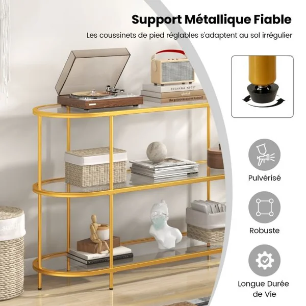 Table Console à 3 Niveaux Meuble TV pour Téléviseurs Jusqu'à 65 Pouces Console TV avec Etagères en Verre Trempé Doré