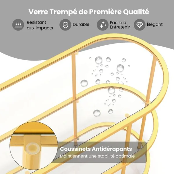 Table Console à 3 Niveaux Meuble TV pour Téléviseurs Jusqu'à 65 Pouces Console TV avec Etagères en Verre Trempé Doré