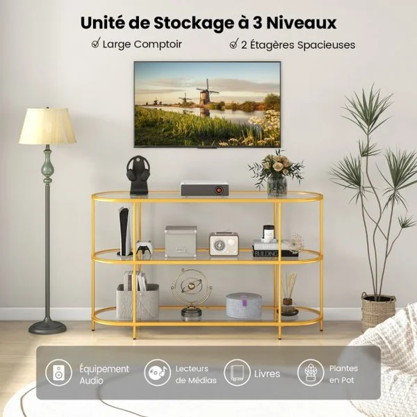 Table Console à 3 Niveaux Meuble TV pour Téléviseurs Jusqu'à 65 Pouces Console TV avec Etagères en Verre Trempé Doré