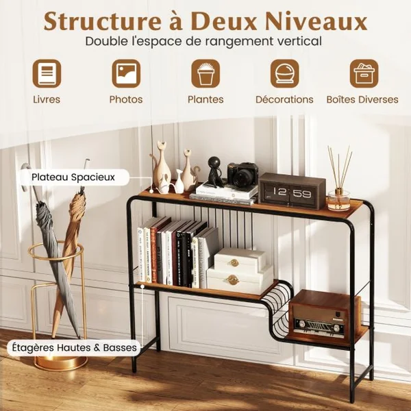Table Console Étroite Table d'Entrée avec Étagères de Rangement et Cadre en Métal Bout de Canapé à 2 Niveaux avec Pieds Réglables