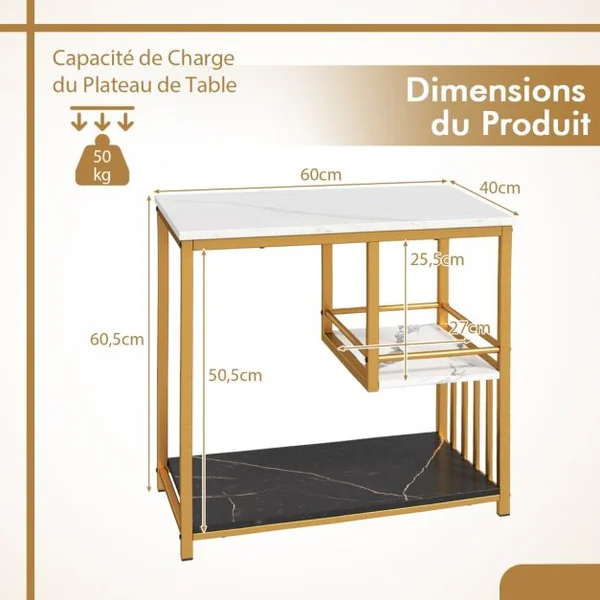 Table d'Appoint en Faux Marbre à 3 Niveaux avec Etagères de Rangement Table d'Appoint Rectangulaire de Luxe avec Cadre en Métal Doré