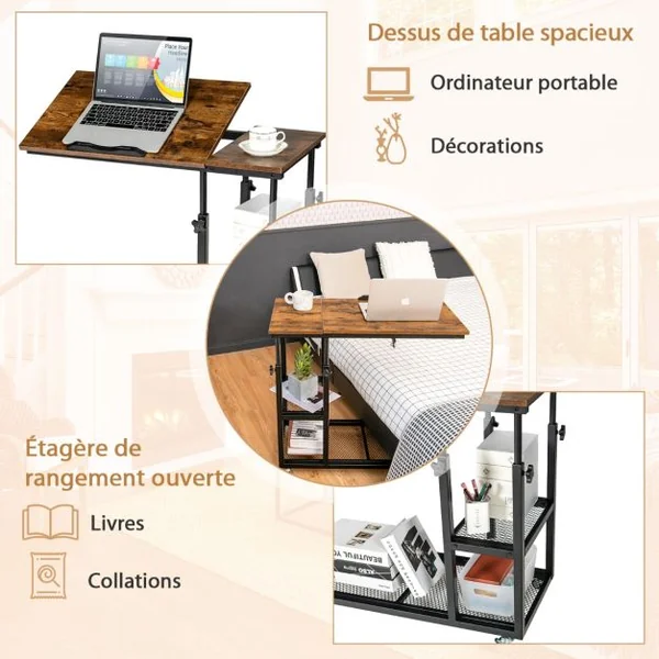 Table d’Appoint en Forme de C Plateau Réglable Roulettes Verrouillables Cadre en Acier Style Industriel Brun/Marron