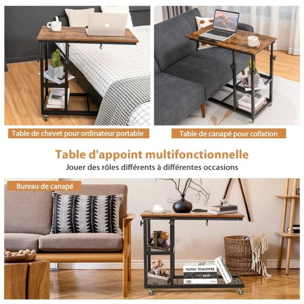 Table d’Appoint en Forme de C Plateau Réglable Roulettes Verrouillables Cadre en Acier Style Industriel Brun/Marron