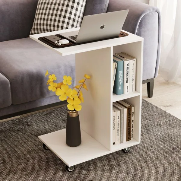 Table d'Appoint en Forme de C Table Étroite avec Étagères de Rangement Roulettes Universelles Verrouillables Table Mobile Blanc
