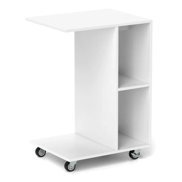 Table d'Appoint en Forme de C Table Étroite avec Étagères de Rangement Roulettes Universelles Verrouillables Table Mobile Blanc