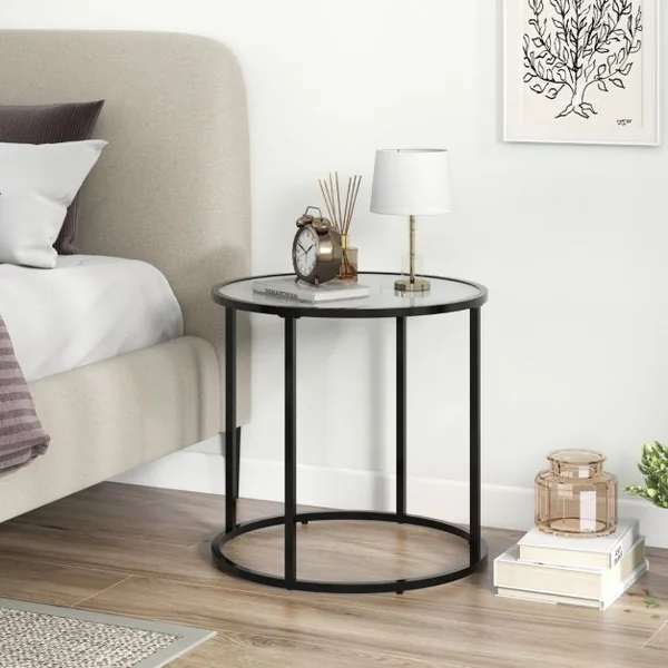 Table d’Appoint Ronde en Verre de 50 cm avec Cadre en Métal et Plateau en Verre Imitation Marbre Table d’Appoint Moderne Noir Et Blanc