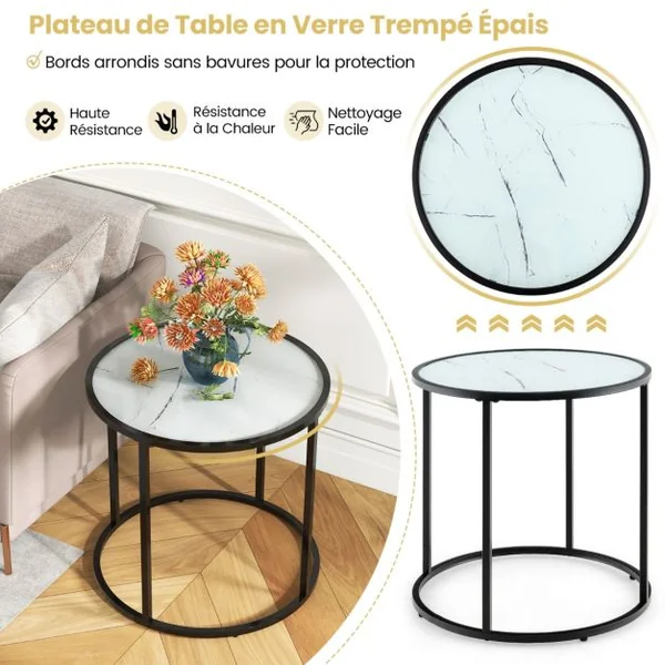 Table d’Appoint Ronde en Verre de 50 cm avec Cadre en Métal et Plateau en Verre Imitation Marbre Table d’Appoint Moderne Noir Et Blanc