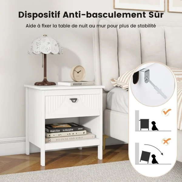 Table d’Appoint à 2 Niveaux avec Tiroir Table d’Appoint en Bois avec Etagère de Rangement Ouverte Table de Chevet à 2 Niveaux Blanc