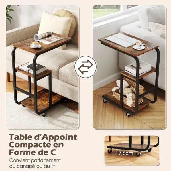 Table d’Appoint/Lot de 2 Table d’Appoint Industrielle en Forme de ‘C’ Table de Canapé Peu Encombrante Etagères Ouvertes Marron Rustique
