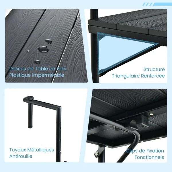 Table de Balcon Suspendue en HIPS et Métal Pliable avec Hauteur Réglable à 3 Niveaux Revêtement Antirouille Charge 30KG Noir/Marron
