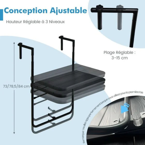 Table de Balcon Suspendue en HIPS et Métal Pliable avec Hauteur Réglable à 3 Niveaux Revêtement Antirouille Charge 30KG Noir/Marron