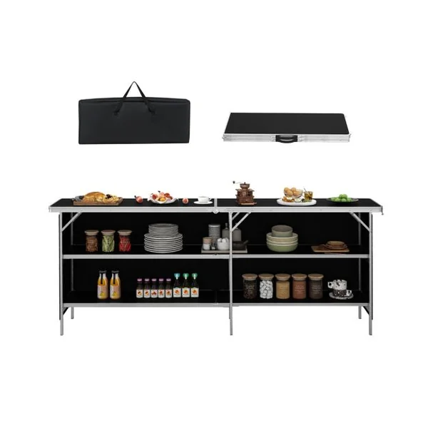 Table de Camping Pliante à 2 Niveaux Table de Pique-Nique en Aluminium avec Plateau Sac de Transport Charge Total 120KG 206x38x83cm Noir