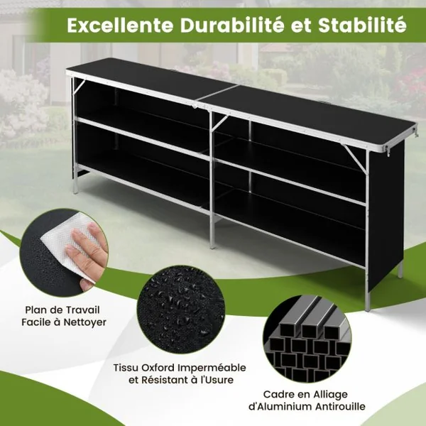 Table de Camping Pliante à 2 Niveaux Table de Pique-Nique en Aluminium avec Plateau Sac de Transport Charge Total 120KG 206x38x83cm Noir