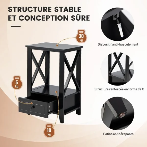 Table de Chevet avec Tiroir Inférieur et Étagère Table de Nuit 40 x 30 x 61,5 cm pour Salon Chambre Bureau Appartement Noir