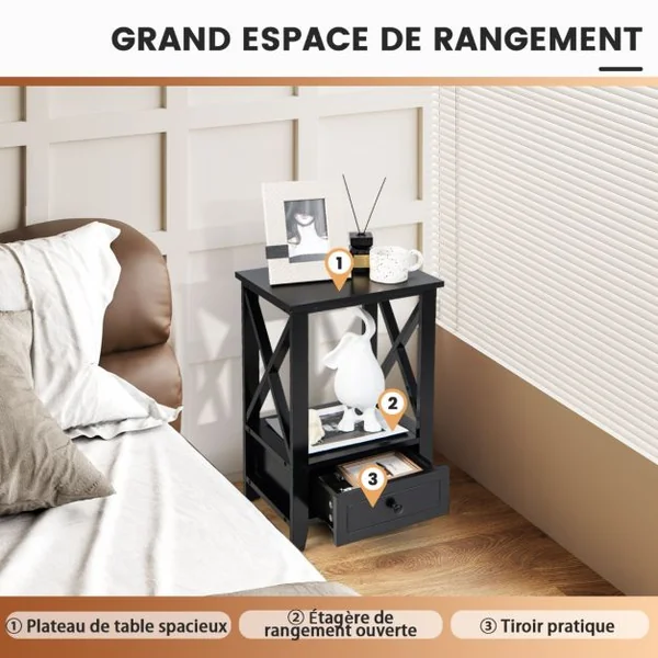 Table de Chevet avec Tiroir Inférieur et Étagère Table de Nuit 40 x 30 x 61,5 cm pour Salon Chambre Bureau Appartement Noir