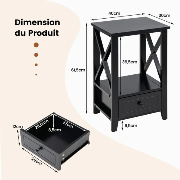 Table de Chevet avec Tiroir Inférieur et Étagère Table de Nuit 40 x 30 x 61,5 cm pour Salon Chambre Bureau Appartement Noir