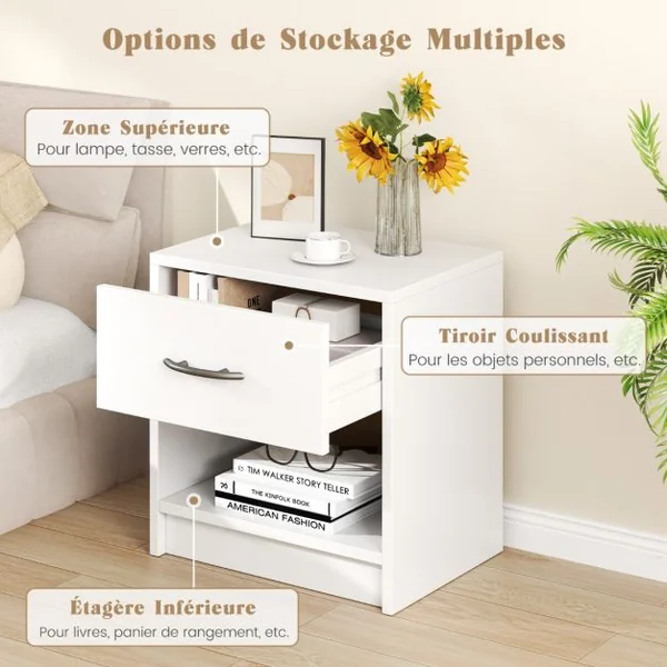 Table de Chevet avec Étagère de Rangement Ouverte Table Compacte 7 Couleurs au Choix