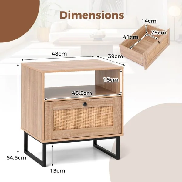 Table de Chevet en Rotin Table de Nuit Moderne du Milieu du Siècle avec Tiroir de Rangement et Compartiment Ouvert Naturel