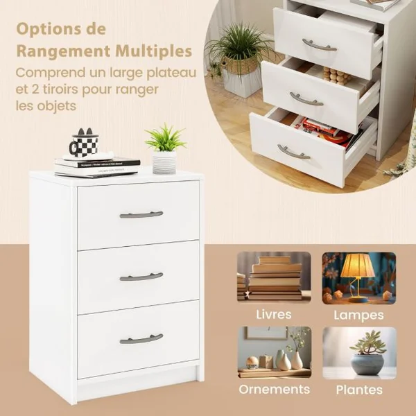 Table de Chevet Moderne avec Rangement Table de Nuit Compacte avec Kit Antibasculement Blanc