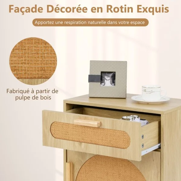 Table de Chevet Moderne Table de Nuit Bohème avec Tiroir de Rangement et Porte Décorés en Rotin avec Pieds en Bois Massif Naturel