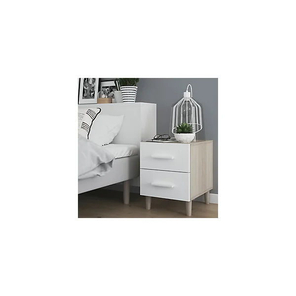 Table de chevet sur pieds blanche et effet chêne 2 tiroirs GoodHome Atomia H. 48,5 x L. 37,5 x P. 45 cm