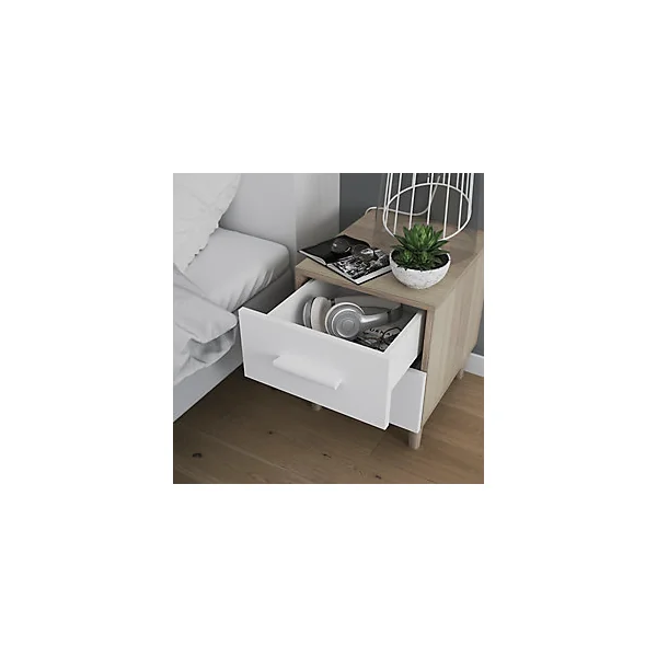Table de chevet sur pieds blanche et effet chêne 2 tiroirs GoodHome Atomia H. 48,5 x L. 37,5 x P. 45 cm