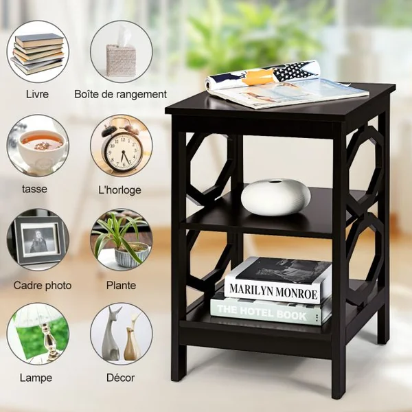 Table de Chevet Table d'Appoint à 3 Niveaux Table Basse Simple et Contemporain pour Chambre Salon 40x40x61cm Noir