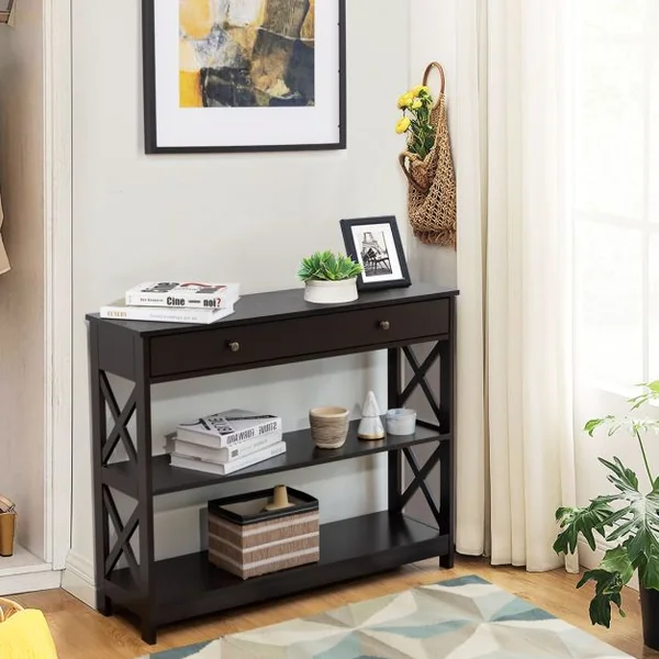 Table de Console Table d’entrée avec 1 tiroir et 2 étagères de rangement 99,8 x 29,8 x 80,2 CM Gris/Marron/Blanc/Noir/Bleu