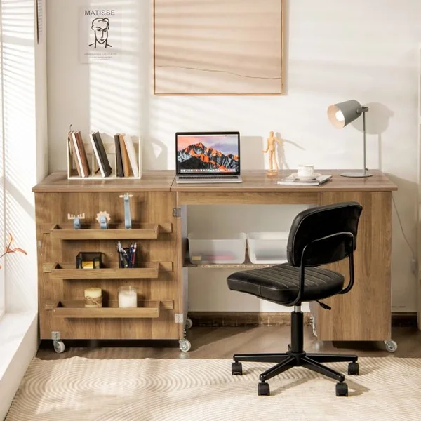 Table de Couture Pliable 3 Etagères pour Bobines Roulettes Verrouillables158 x 50 x 75cm (L x l x H) Blanc/Brun
