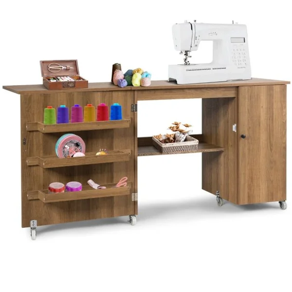 Table de Couture Pliable 3 Etagères pour Bobines Roulettes Verrouillables158 x 50 x 75cm (L x l x H) Blanc/Brun