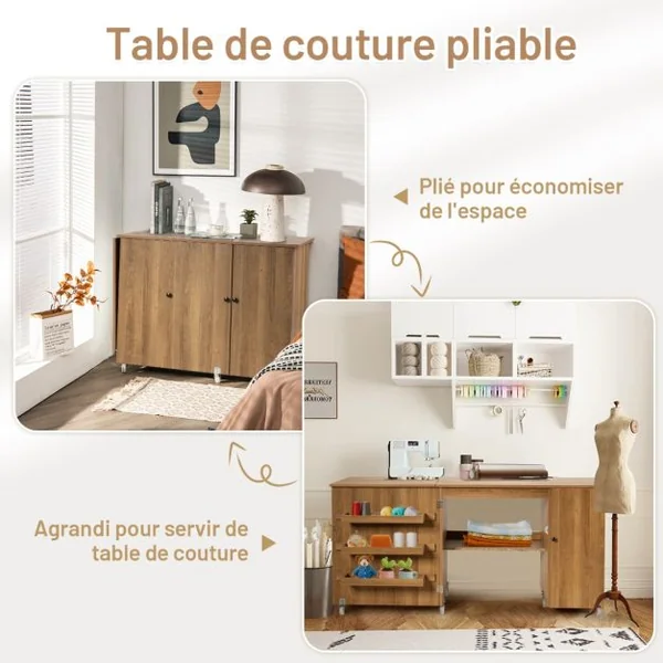 Table de Couture Pliable 3 Etagères pour Bobines Roulettes Verrouillables158 x 50 x 75cm (L x l x H) Blanc/Brun
