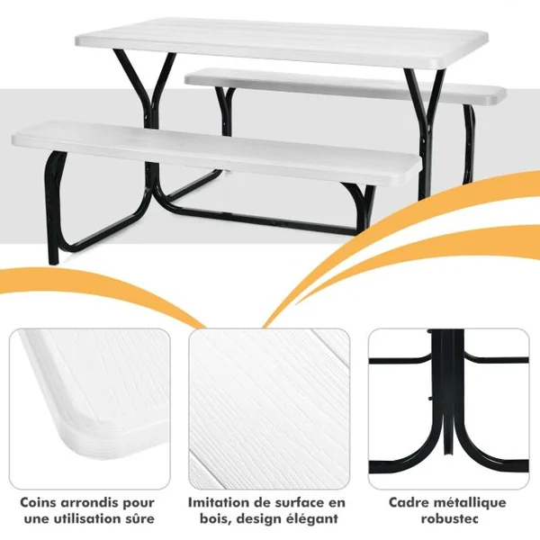 Table de Jardin avec 2 Banc Table de Pique-Nique/Camping pour 4 à 6 Personnes 137 x 150 x 71cm Noir/Gris/Blanc