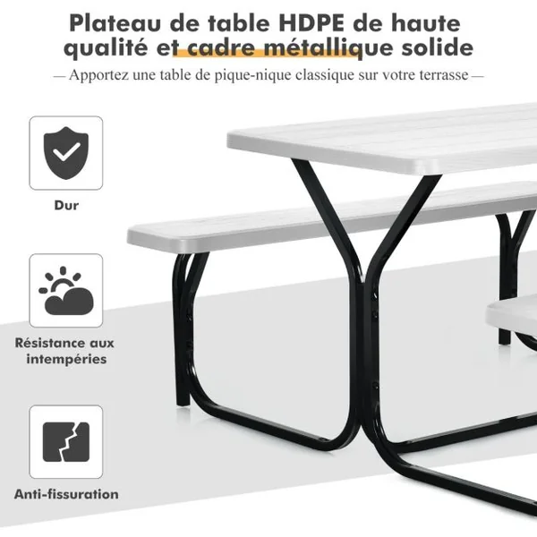 Table de Jardin avec 2 Banc Table de Pique-Nique/Camping pour 4 à 6 Personnes 137 x 150 x 71cm Noir/Gris/Blanc