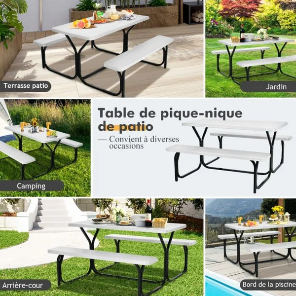 Table de Jardin avec 2 Banc Table de Pique-Nique/Camping pour 4 à 6 Personnes 137 x 150 x 71cm Noir/Gris/Blanc