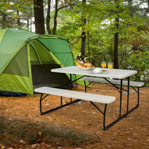 Table de Jardin avec 2 Bancs Pliable Table de Pique-Nique Camping pour 4 à 6 Personnes Noir/Blanc