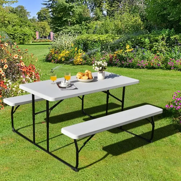 Table de Jardin avec 2 Bancs Pliable Table de Pique-Nique Camping pour 4 à 6 Personnes Noir/Blanc