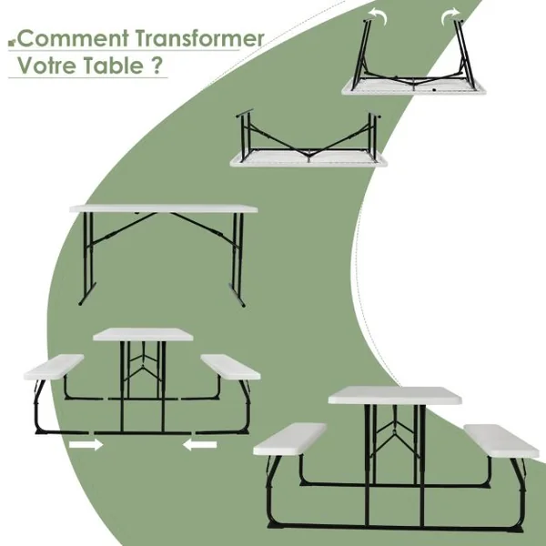 Table de Jardin avec 2 Bancs Pliable Table de Pique-Nique Camping pour 4 à 6 Personnes Noir/Blanc