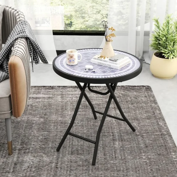 Table de Jardin Bistro Ronde Pliante de 46 cm Table Basse Extérieur avec Plateau en Verre Trempé Cadre en Métal Robuste Charge 50 kg Noir/Gris