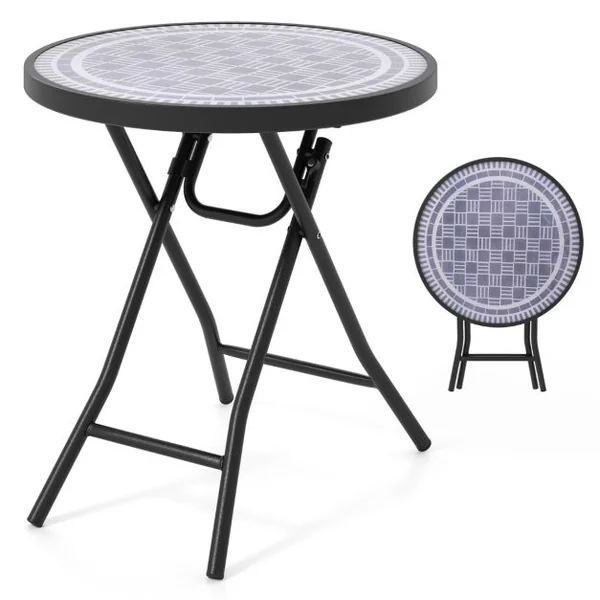 Table de Jardin Bistro Ronde Pliante de 46 cm Table Basse Extérieur avec Plateau en Verre Trempé Cadre en Métal Robuste Charge 50 kg Noir/Gris