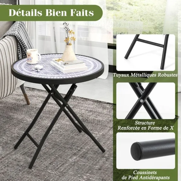 Table de Jardin Bistro Ronde Pliante de 46 cm Table Basse Extérieur avec Plateau en Verre Trempé Cadre en Métal Robuste Charge 50 kg Noir/Gris